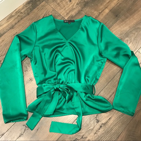Gibson Long Sleeve Green Faux Wrap Tie Blouse XXSP - Picture 1 of 3